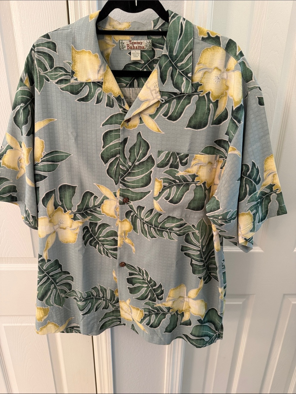 Tommy Bahama Light Blue Floral Camp Shirt with Yellow Blooms